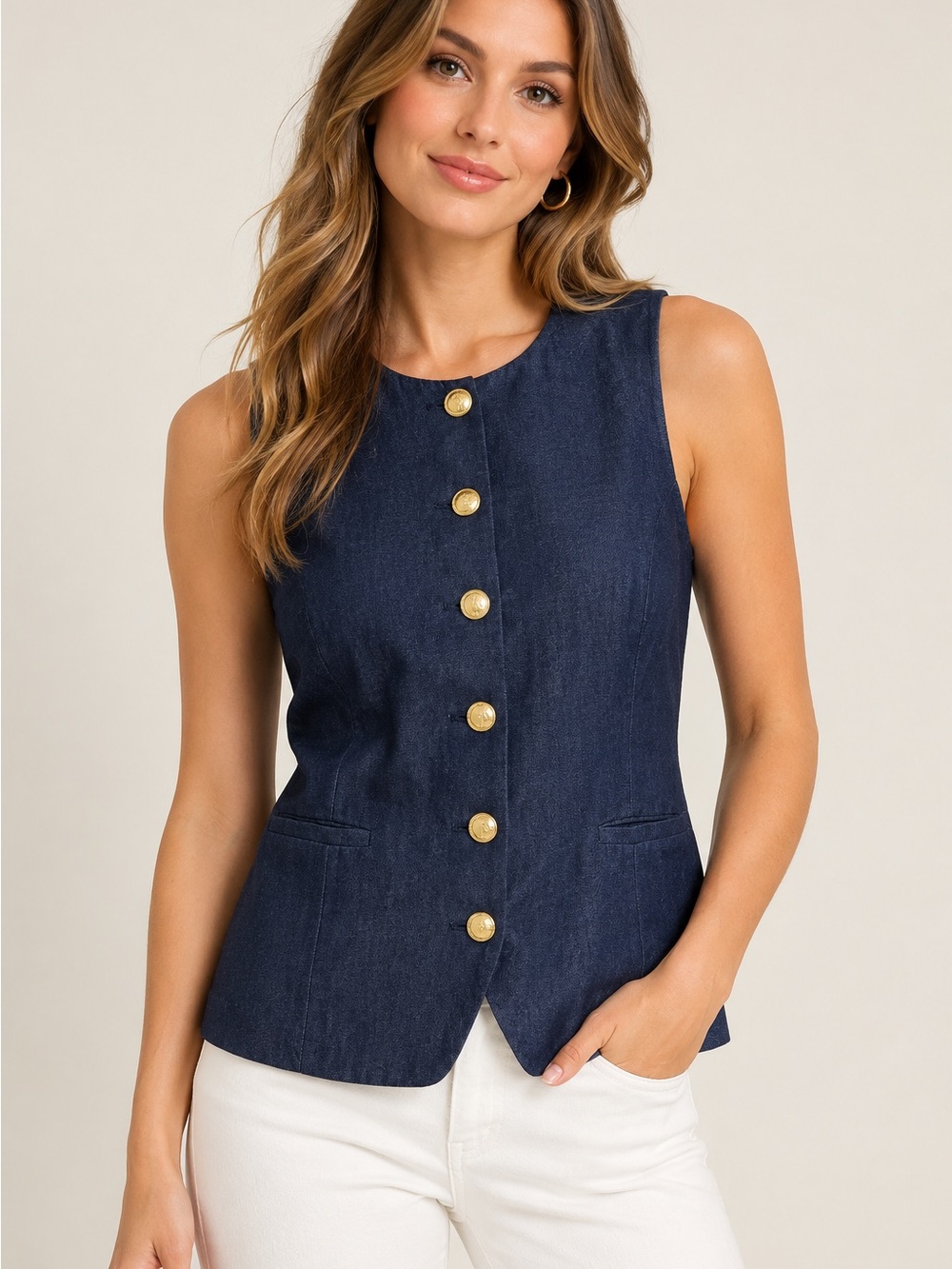 Nine West Navy Sleeveless Button Front Top with Gold Buttons